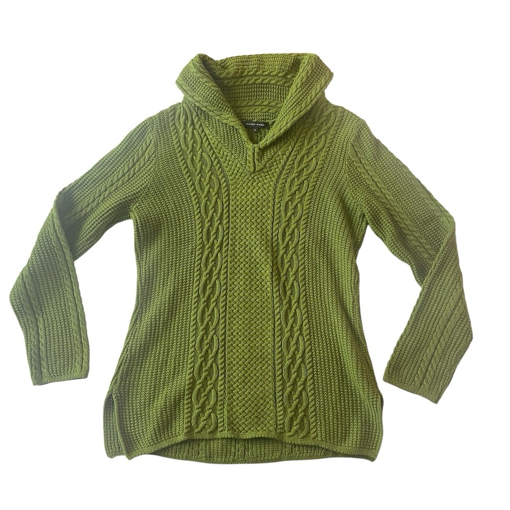 Jeanne Pierre Women's Size S Green Sweater Cable‎ Knit 100% Cotton Long Sleeve